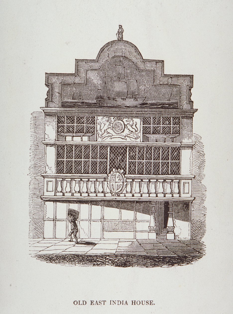 Udsigt over East India House, med figur foran, ca. 1700 af English School