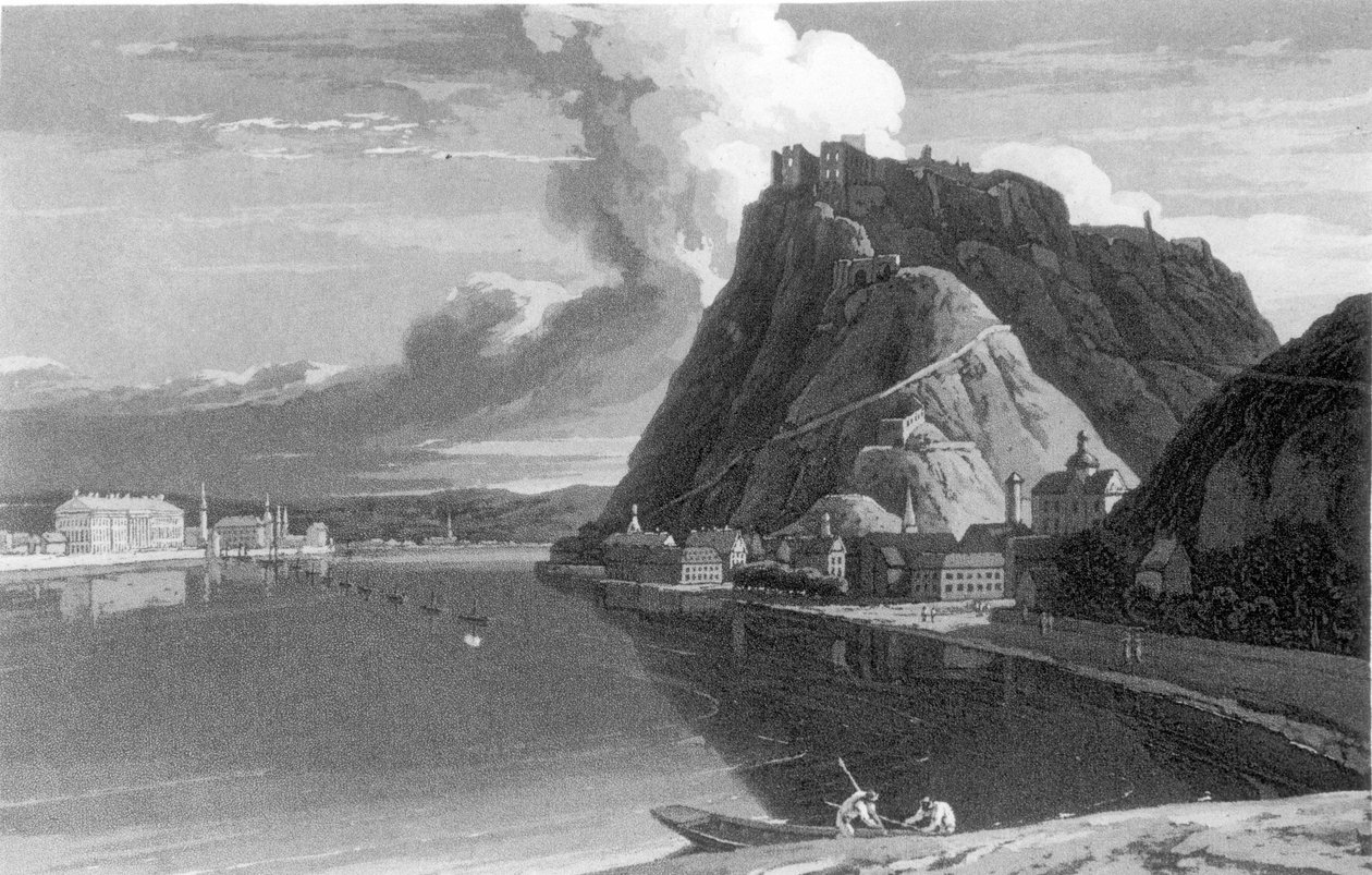 Udsigt over Ehrenbreitstein og Coblenz, fra en tur gennem Holland, langs højre og venstre bred af Rhinen til det sydlige Tyskland af Sir John Carr, udgivet 1807 af English School