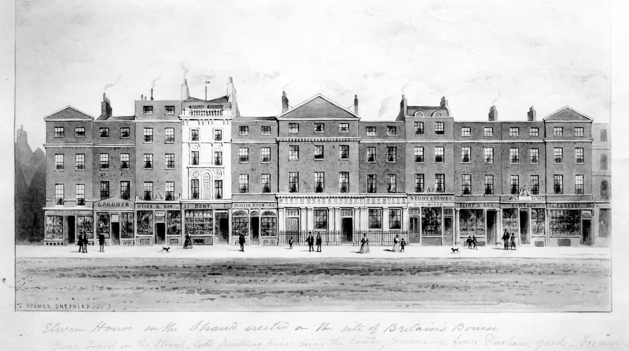 Udsigt over elleve huse opført på stedet for den gamle Børs ved Stranden, 1853 (tegning) af English School