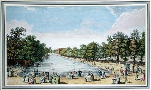 Udsigt over formelle haver med en sø, sandsynligvis Long Water ved Hampton Court (farve litho) af English School