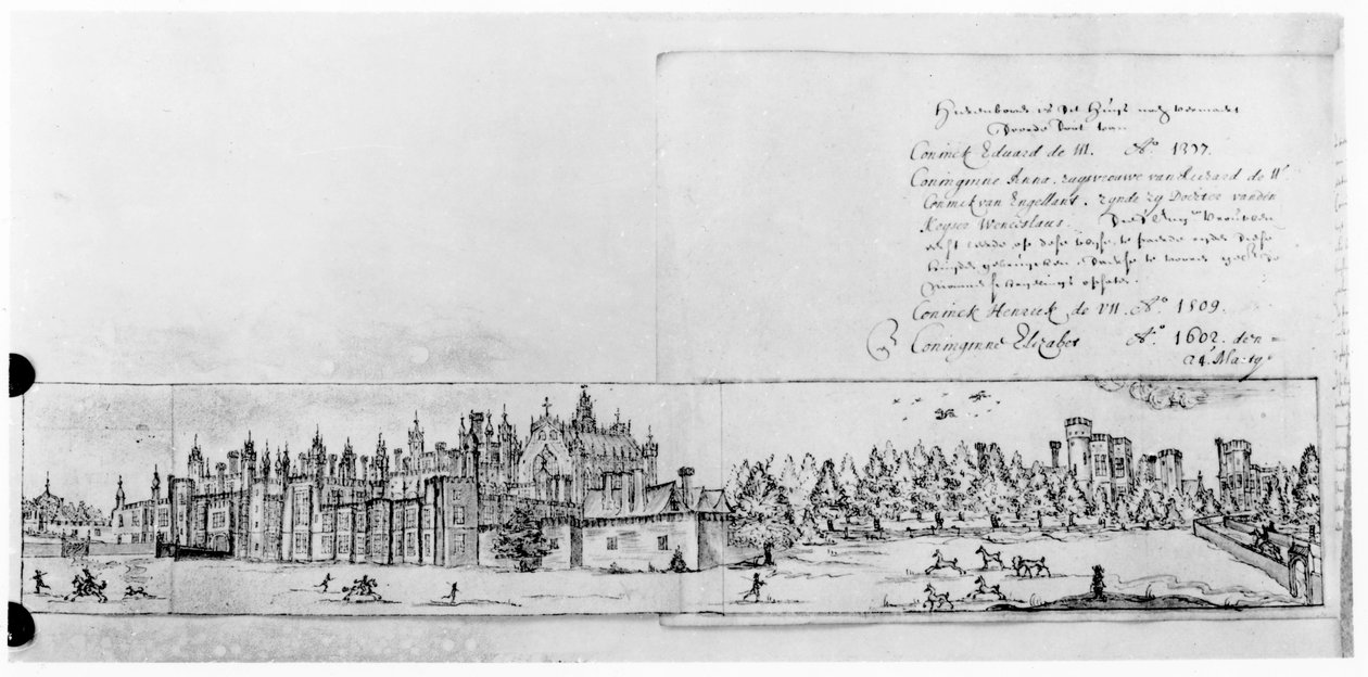 Udsigt over Hampton Court Palace (pen og blæk) af English School