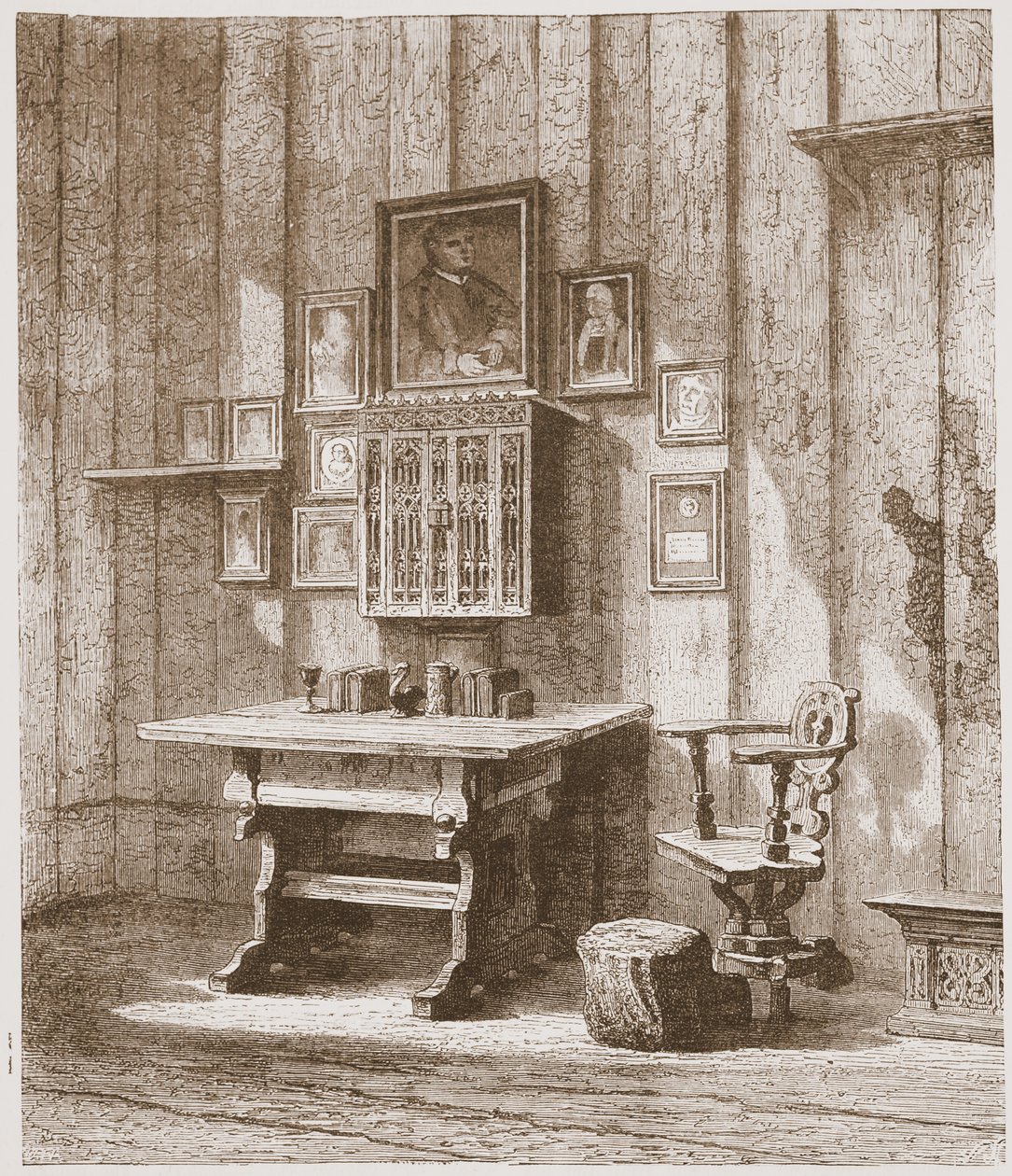 Udsigt over Luthers værelse i Wartburg, der viser blækpletten på væggen, illustration fra The History of Protestantism af James Aitken Wylie (1808-1890), pub. 1878 af English School