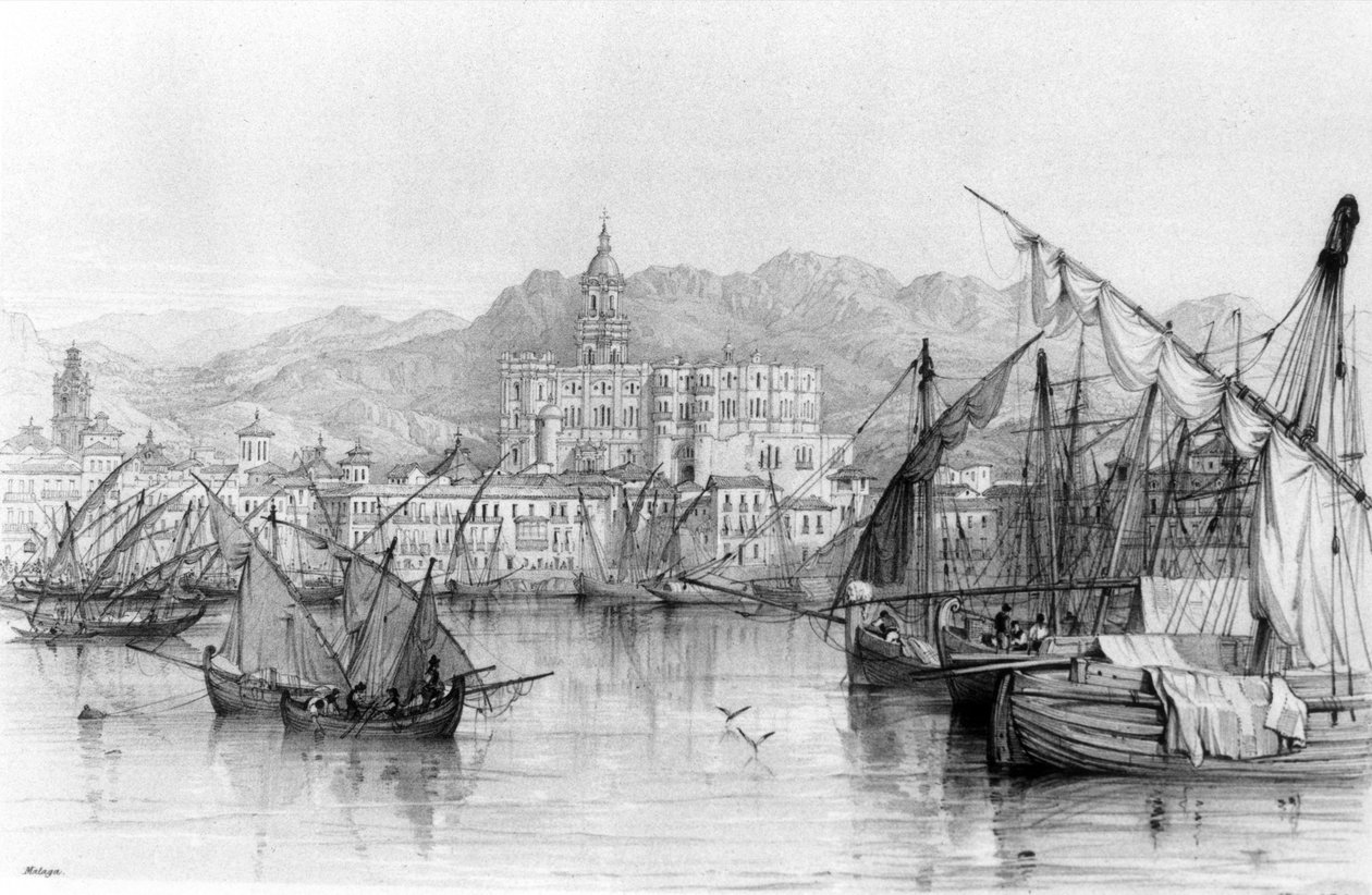 Udsigt over Malaga, fra Spanish Scenery af George Vivian, udgivet 1838 af English School