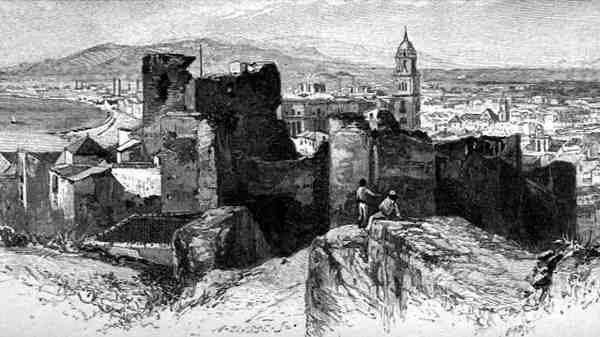 Udsigt over Malaga fra Alcazar, Spanien, fra "The Picturesque Mediterranean", bind 3, udgivet af Cassell and Co. Ltd. af English School