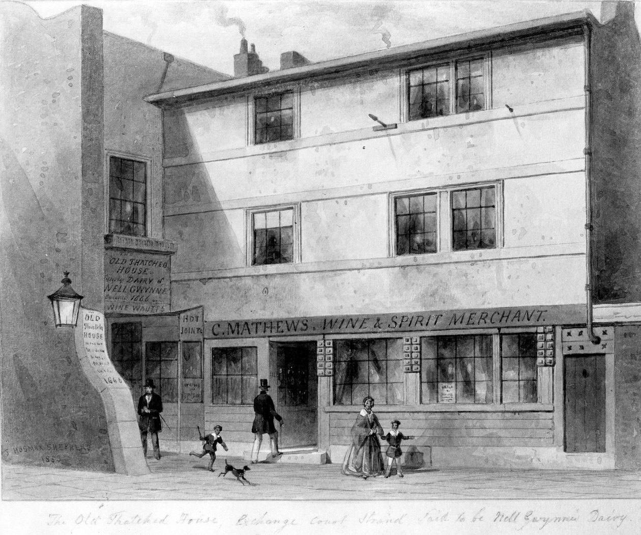 Udsigt over det gamle stråtækte hus, Exchange Court, 1853 af English School