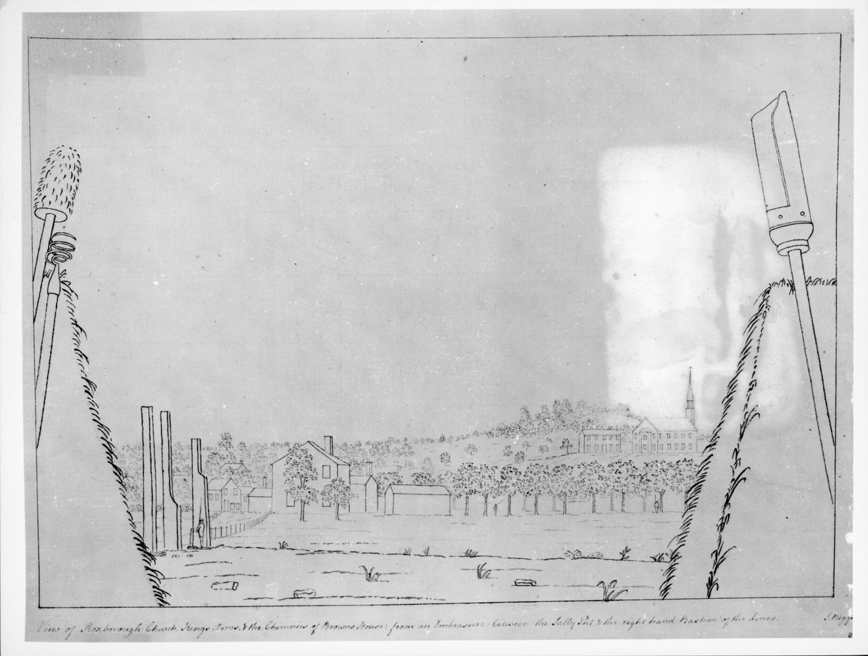 Udsigt over Roxborough Church, Kings Arms og skorstenene i Browns House, fra en omfavnelse mellem Sally-havnen og linjernes højre bastion, 1776 af English School