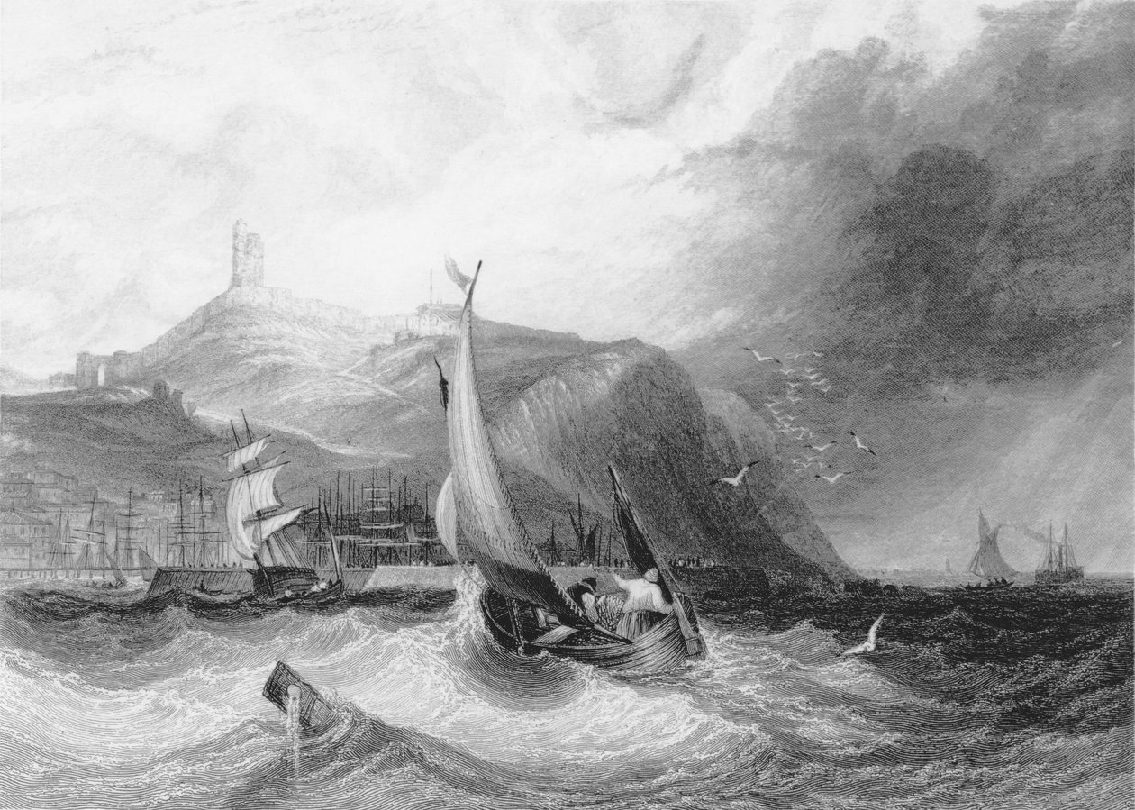 Udsigt over Scarborough Castle fra havet, 1894 af English School