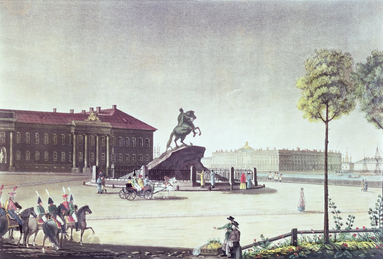 Udsigt over St.Peter den Store Plads og St.Petersburg Senatet, udgivet af Boyer, London 1815 (farve litho) af English School