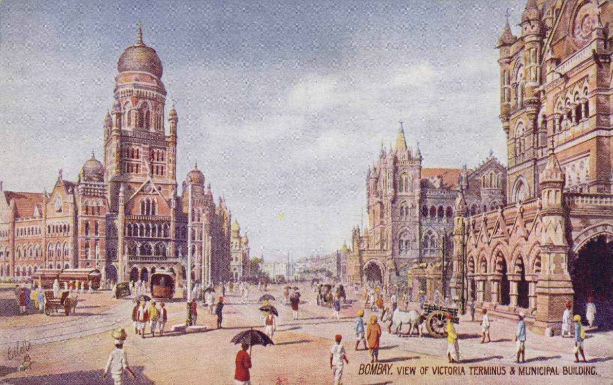 Udsigt over Victoria Terminus  Municipal Building, Bombay (farvelitografi) af English School