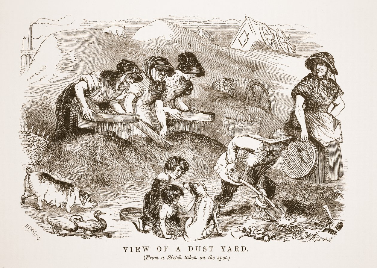 View of a Dust Yard, illustration fra London Labor og London Poor af Henry Mayhew, pub. 1862 af English School