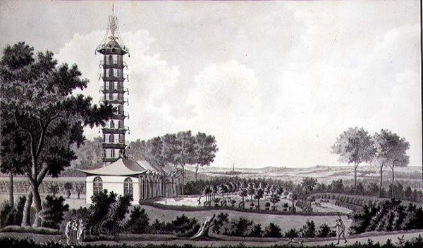 Udsigt over en hollandsk have med en kinesisk pagode, ca. 1770 (pen og blæk med akvarel på papir) af English School