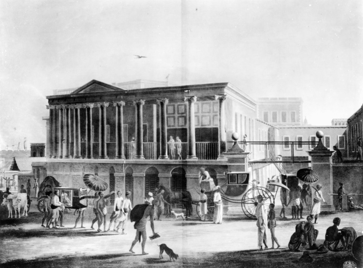 Udsigt over et hus, en fabrikk og en basar, i Calcutta, indgraveret af Francis Jukes, 1795 (akvatint) af English School