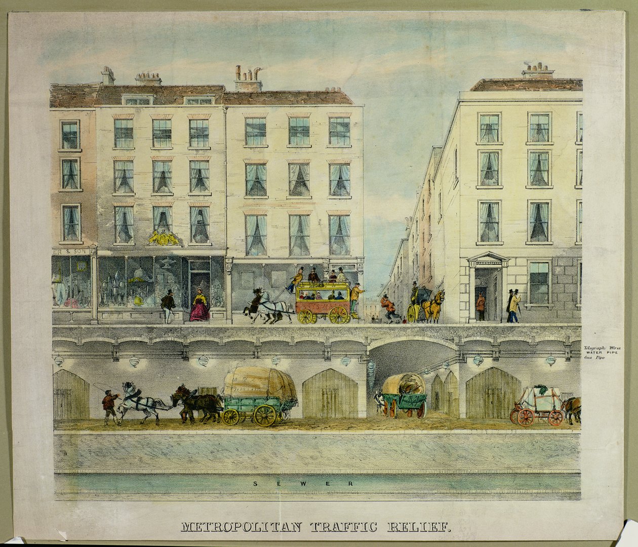 Udsigt over en gade i London med en foreslået tunnel under til aflastning af trafikken, ca. 11850 (litografi) af English School