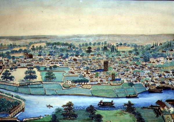 Udsigt over en by og en flod, ca.1830 (akvarel på papir) af English School
