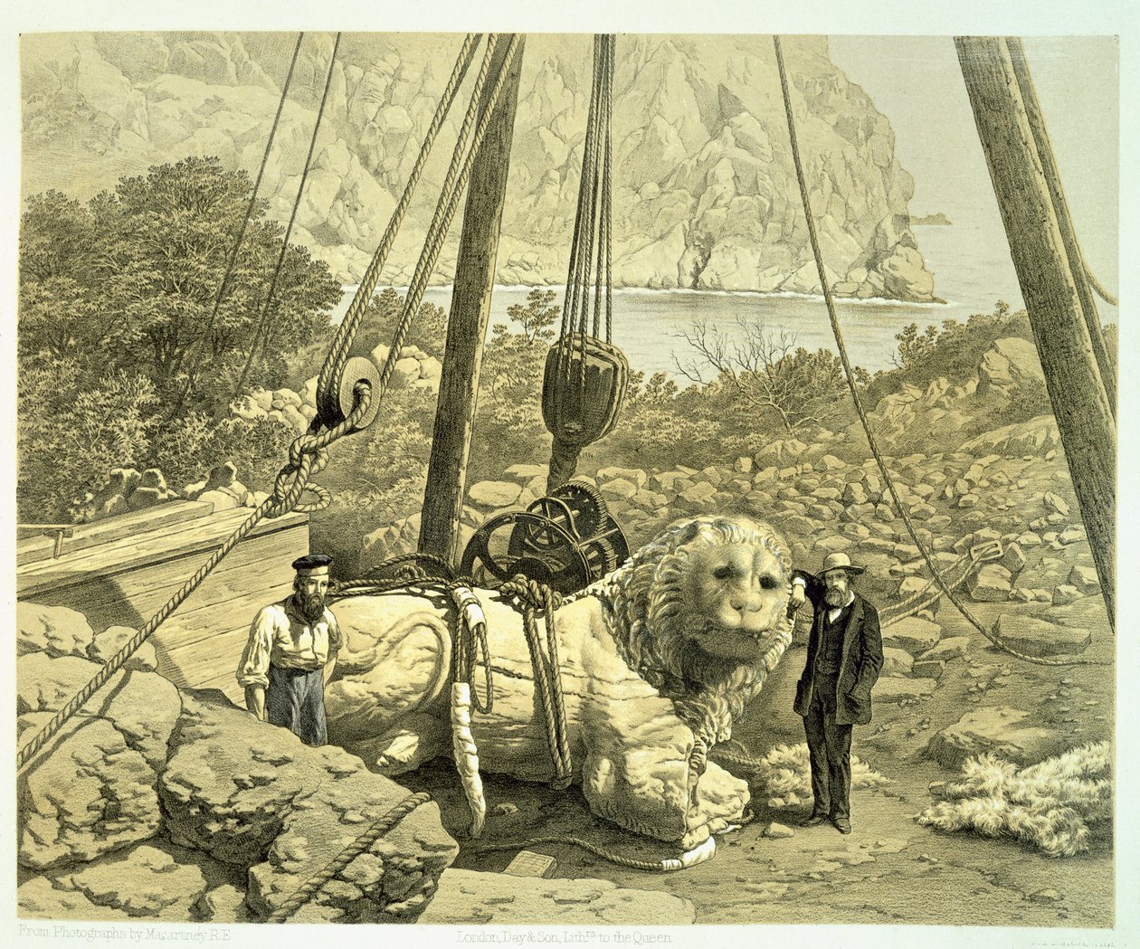 Udsigt over en kolossal løve, der rejses, fra A History of Discoveries at Halicarnassus, Cnidus, & Branchidae, af Charles Thomas Newton (1816-94) udgivet 1862 af English School