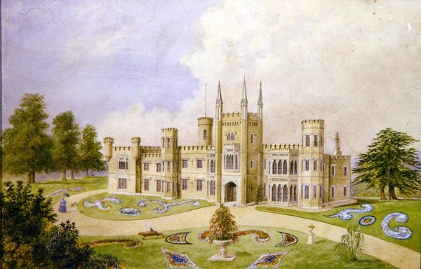Udsigt over et landsted i gotisk stil med en formel have, ca. 1840 (akvarel på papir) af English School