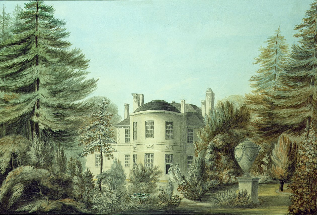 Udsigt over en villa fra det attende århundrede, ca. 1790 (wc på papir) af English School