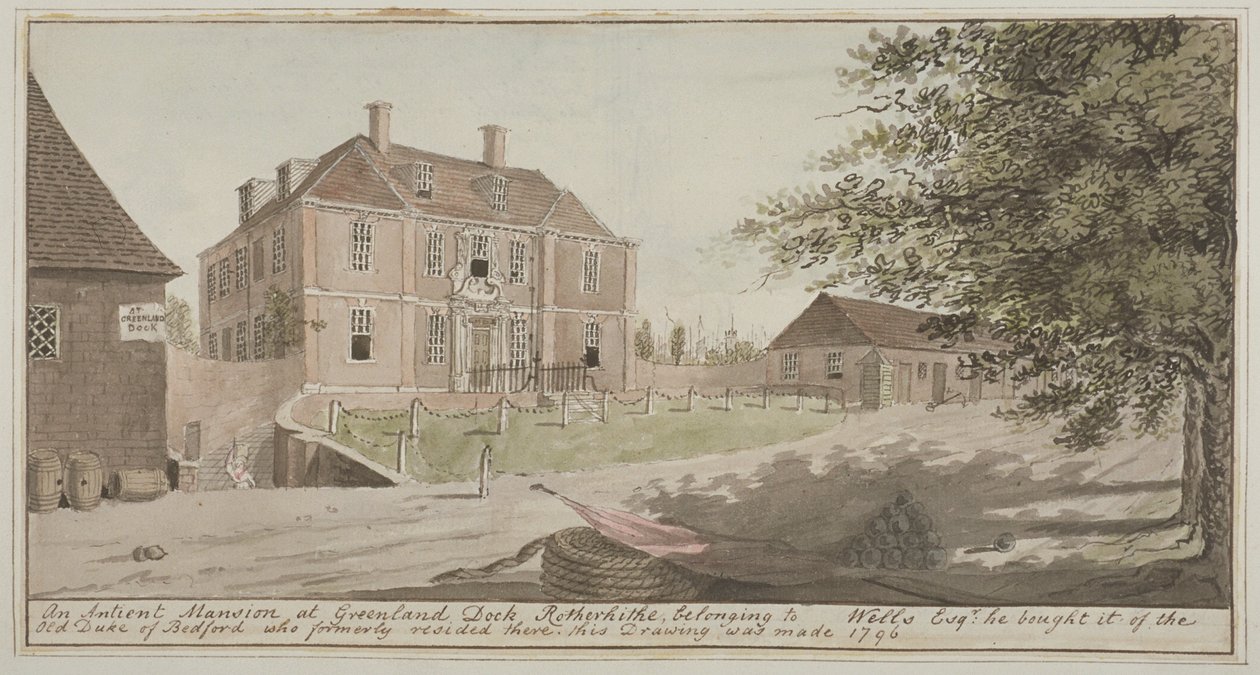 Udsigt over et gammelt palæ ved Grønlandshavnen i Rotherhithe, Bermondsey, 1796 (wc på papir) af English School