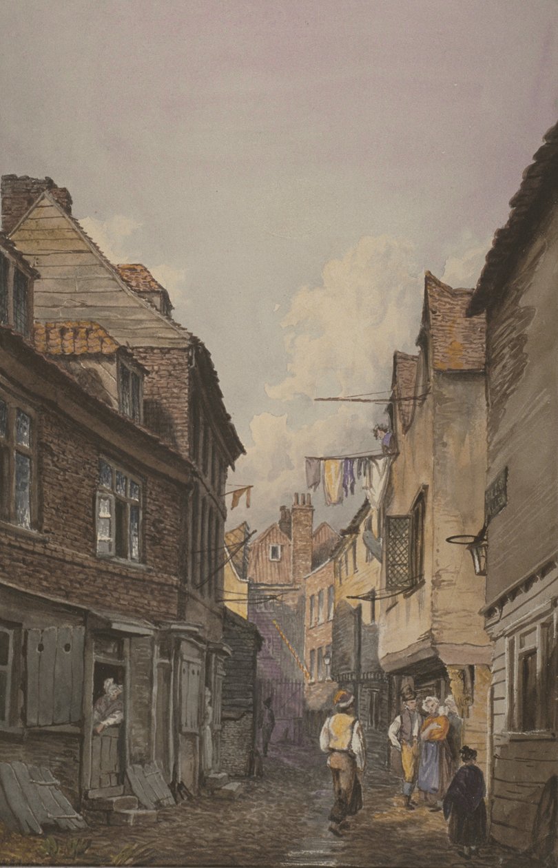 Udsigt over figurer i Glean Alley, Bermondsey, ca. 1825 (wc på papir) af English School