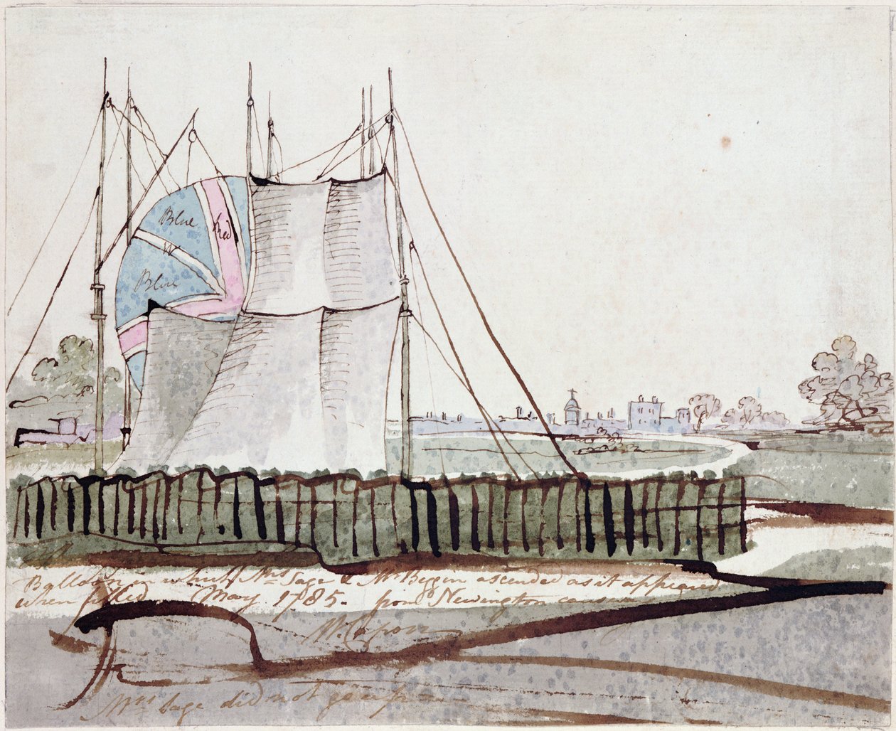 Udsigt over ballonen i Newington Causeway, maj 1785 (blæk og wc på papir) af English School