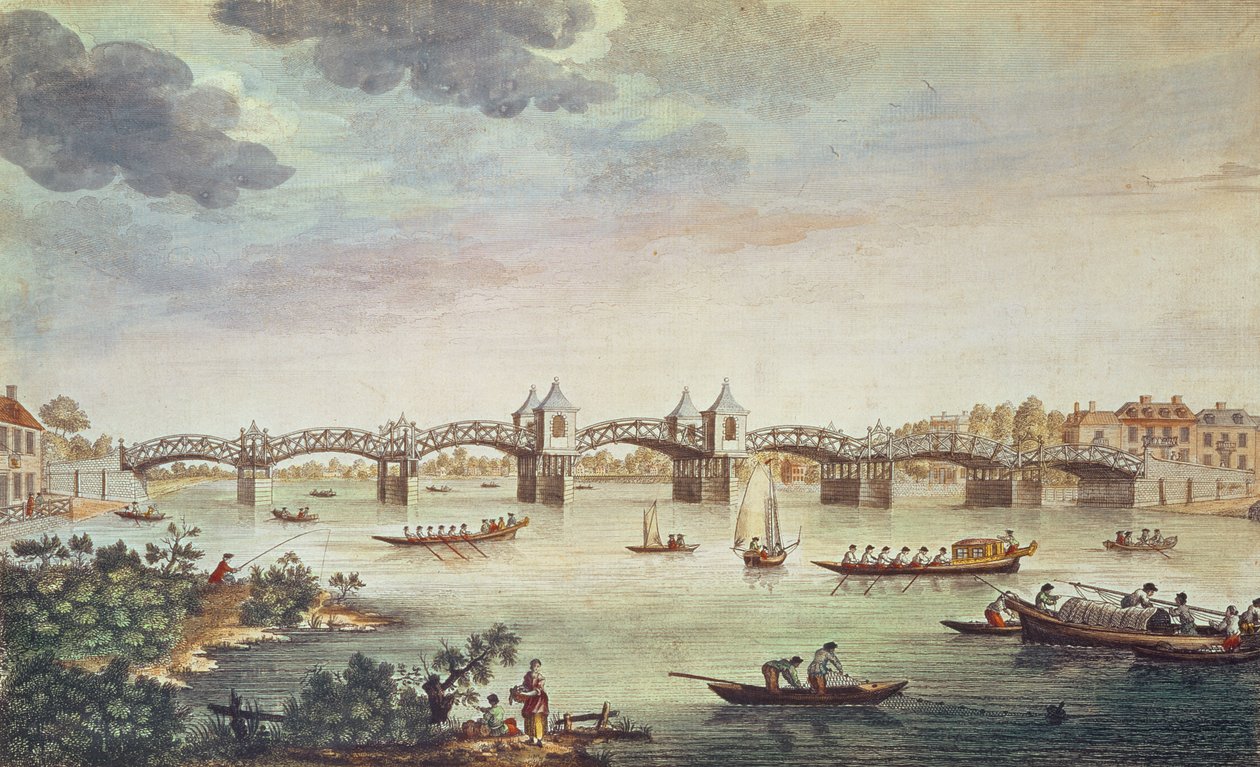 Udsigt over broen over Themsen ved Hampton Court, indgraveret af John Bowles (fl. 1724-56) af English School