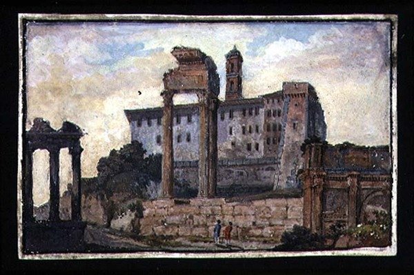 Udsigt over Capitol og Castor og Pollux-templerne, Rom, ca. 1800 (gouache på papir) af English School