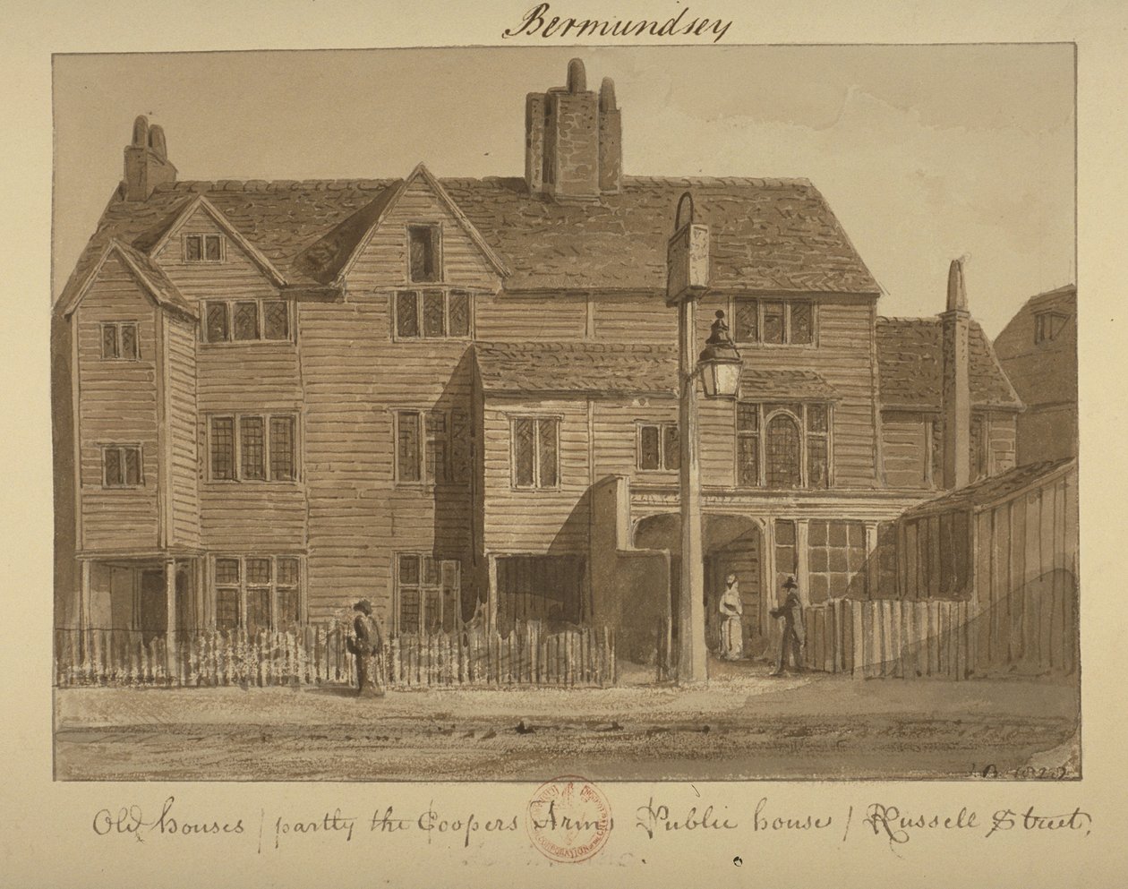 Udsigt over Coopers Arms Inn, Russell Street, 1828 (vask på papir) af English School