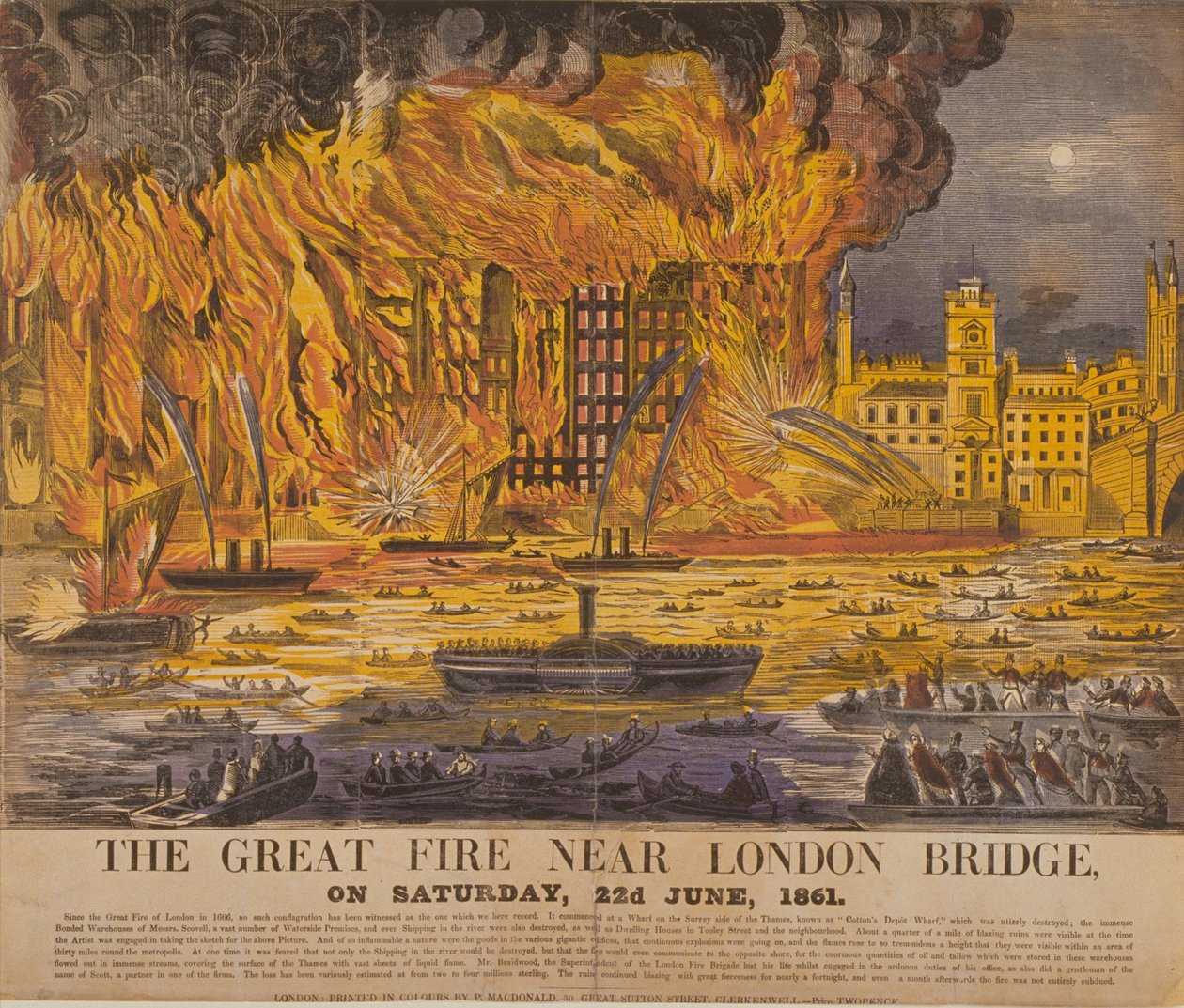 Udsigt over Cottons Wharf Fire, 1861 (farvet træsnit) af English School