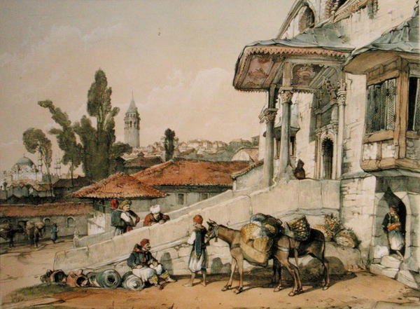 Udsigt over Galata-kvarteret, begyndelsen af 1800-tallet (pen og blæk på papir) af English School