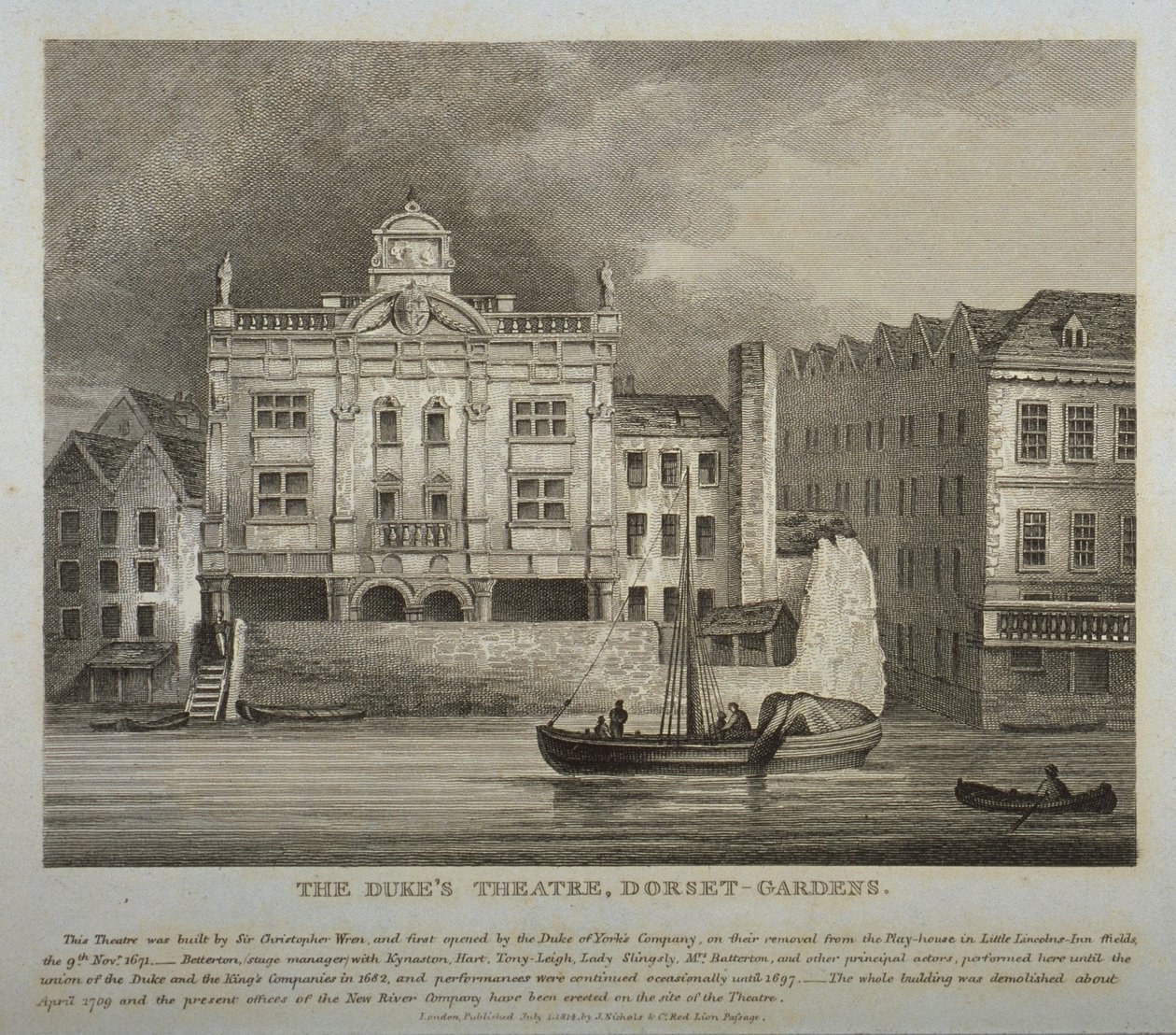 Udsigt over Dukes Theatre, Dorset Gardens, fra Themsen, 1814 af English School