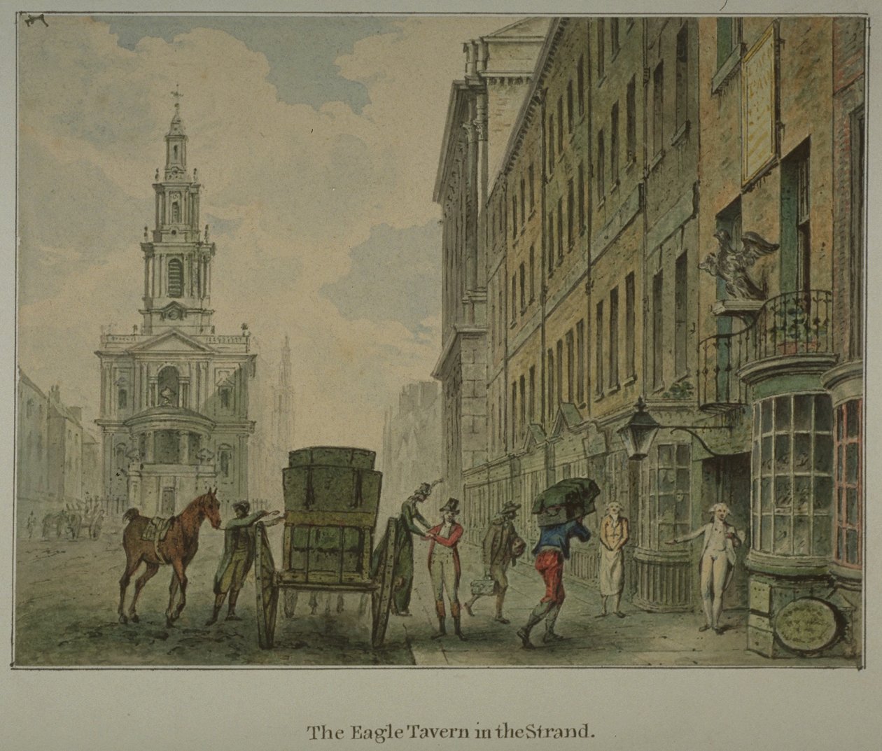 Udsigt over Eagle Tavern i Strand, Westminster, med en mand, der losser produkter fra en hestevogn på vejen og St Mary le Strand i det fjerne, ca. 1800 (akvarel på papir) af English School
