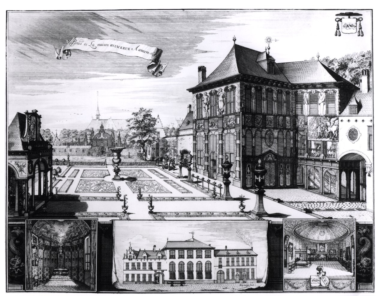 Udsigt over Hilwerue-huset tilhørende Peter Paul Rubens (1577-1640) 1692 (gravering) (bw foto) af English School