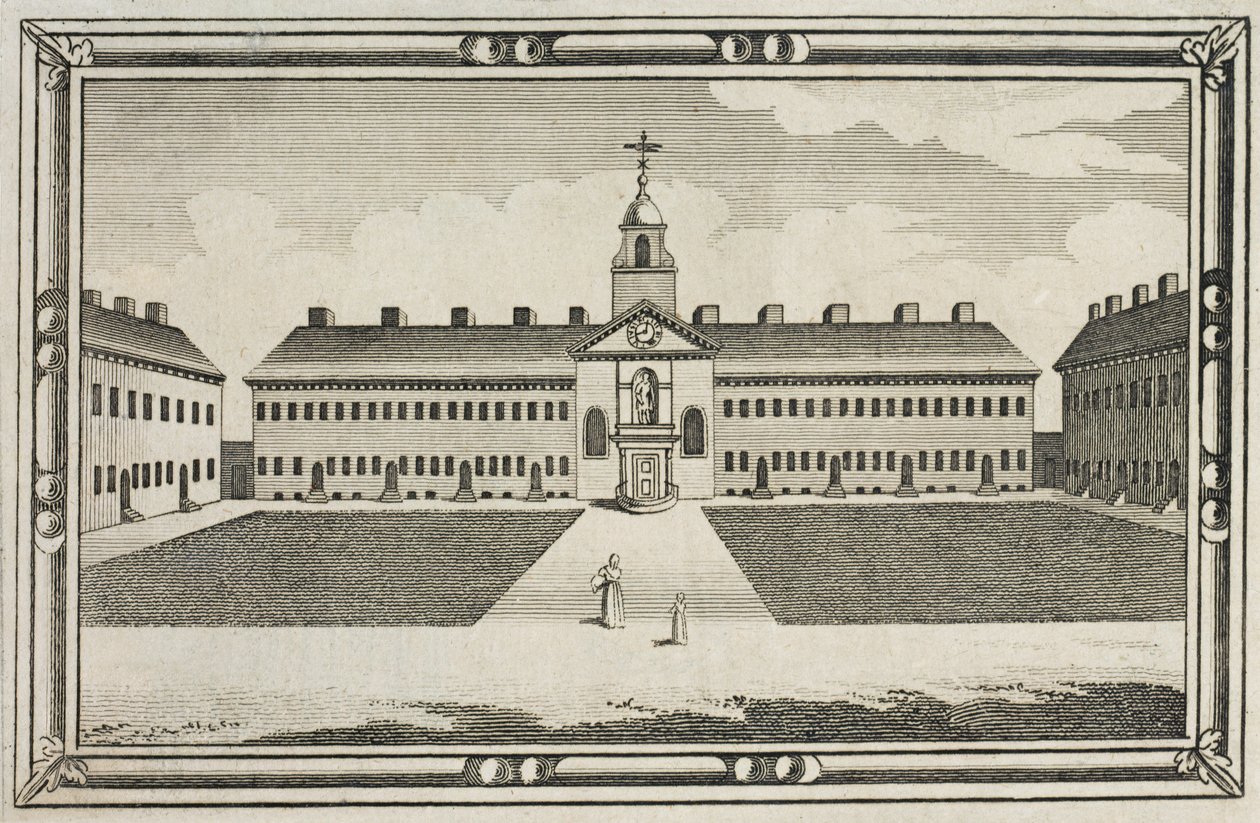 Udsigt over Ironmongers Company Almshouses, Kingsland Road, Hackney, ca. 1820 af English School