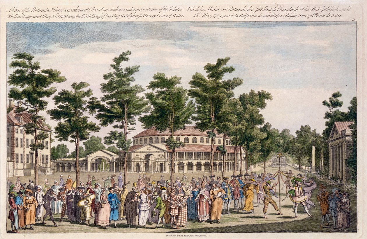 Udsigt over Jubilee Ball, Ranelagh Gardens, til fejring af fødselsdagen for George, Prince of Wales, den 24. maj 1759 (håndfarvet gravering) af English School