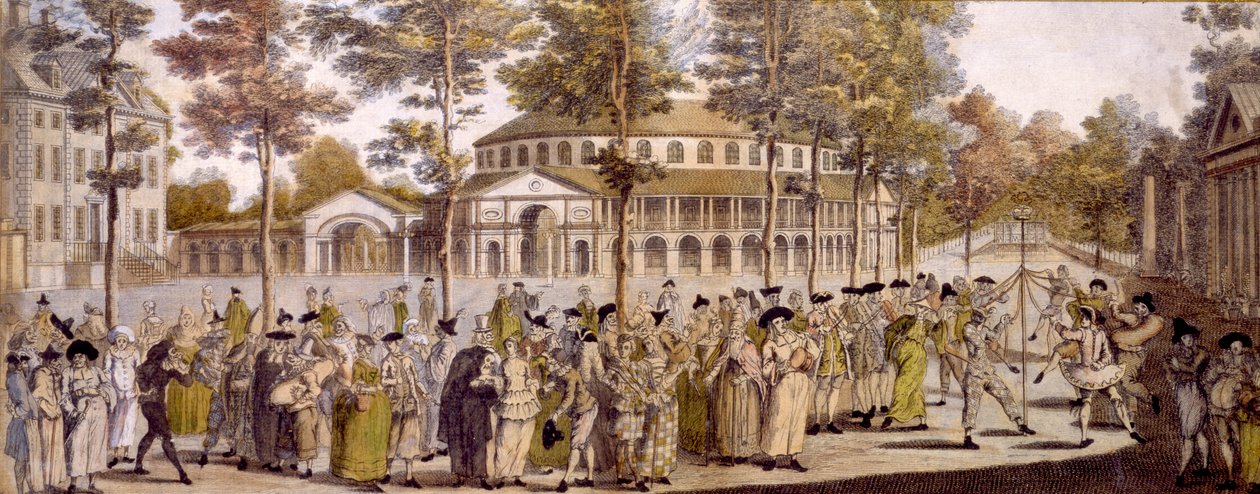 Udsigt over Jubilee Ball, Ranelagh Gardens, til fejring af fødselsdagen for George, Prince of Wales, den 24. maj 1759 (håndfarvet gravering) af English School
