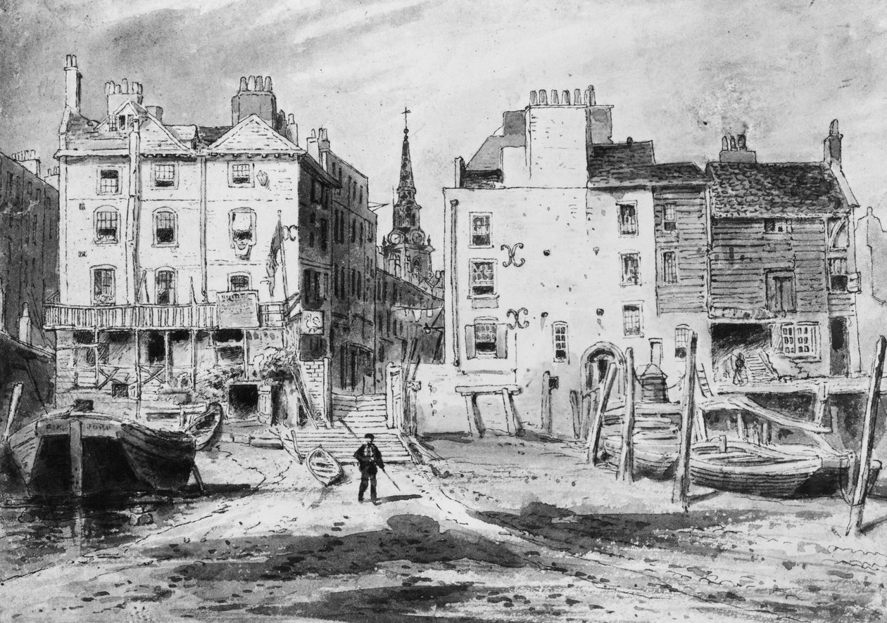 Udsigt over Old Hungerford Stairs, ca. 1815 (blyant og wc på papir) af English School