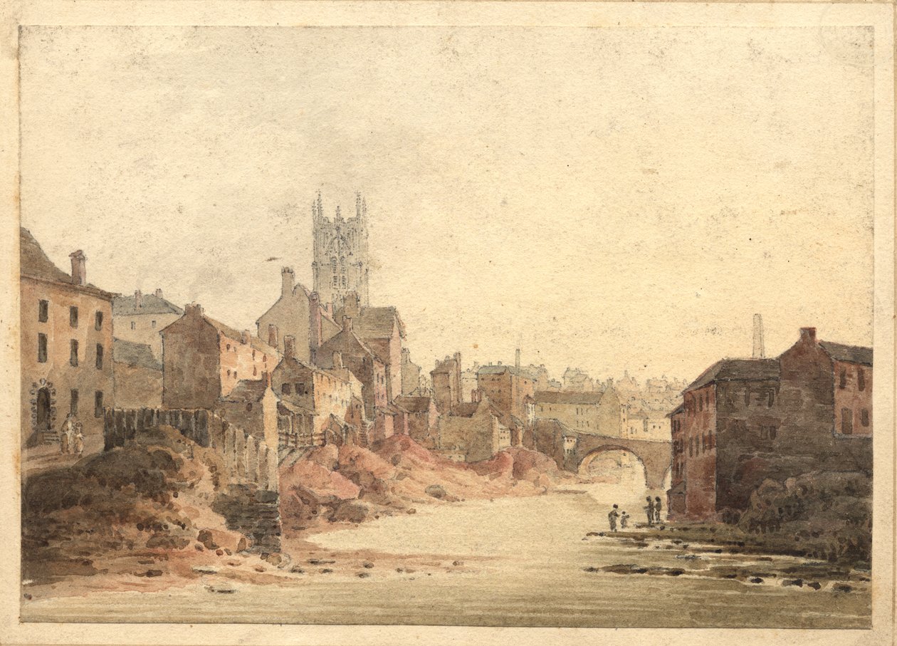 Udsigt over floden Irwell, Manchester, ca. 1820-30 (wc på papir) af English School
