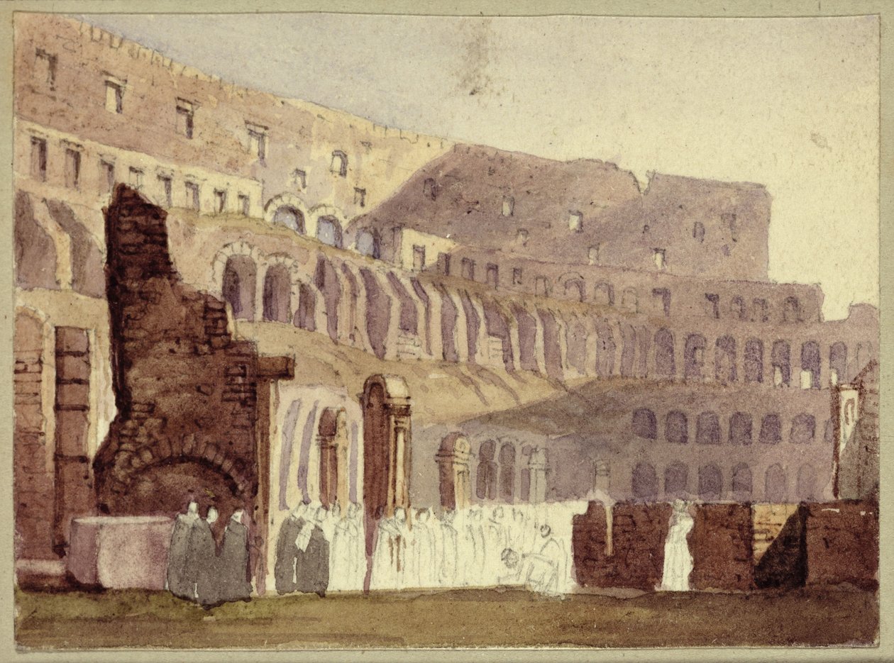 Udsigt over det romerske Colosseum, ca. 1800 (wc og blyant på papir) af English School