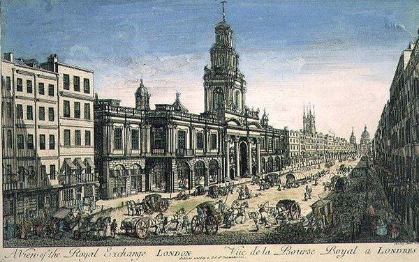 Udsigt over Royal Exchange, London, indgraveret af Pierre Moithey af English School