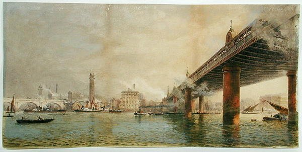 Udsigt over Themsens sydlige bred mellem Waterloo og Hungerford Bridges, ca. 1870 (akvarel på papir) af English School