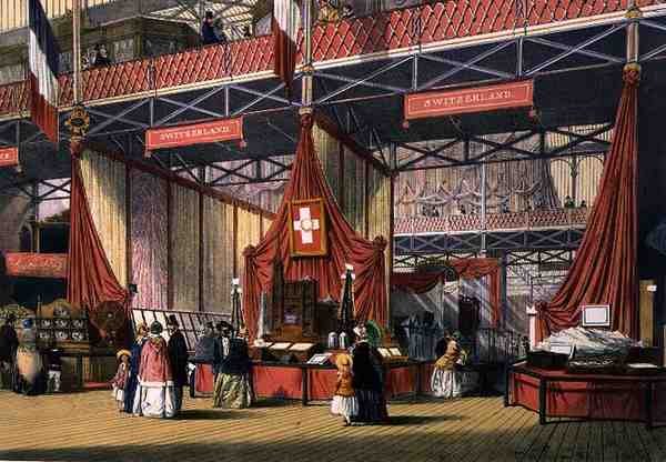 Udsigt over den schweiziske sektion af den store udstilling i 1851, fra Dickinsons omfattende billeder (farve litho) af English School