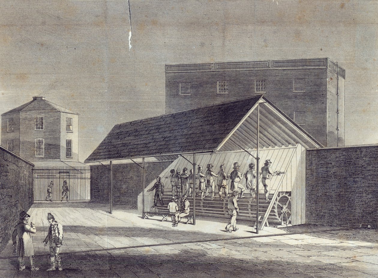 Udsigt over den trædemølle til beskæftigelse af fanger, opført ved fængselshuset i Brixton, udgivet af Gent. Mag., juli 1822 af English School