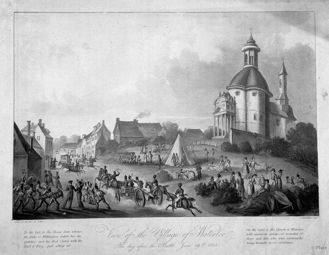 Udsigt over landsbyen Waterloo dagen efter slaget, 19. juni 1815, 1816 (farvet akvatint) af English School