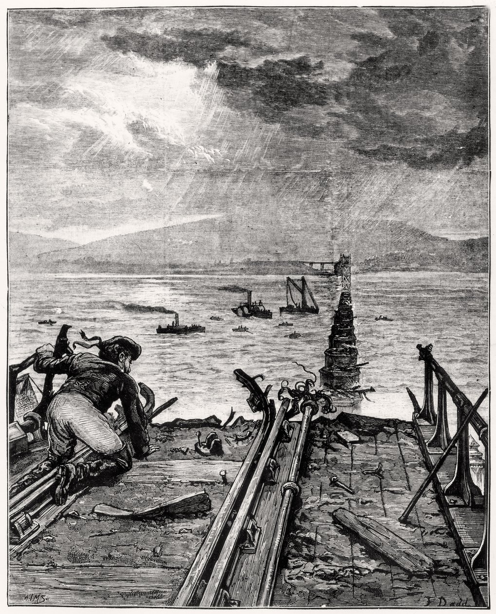 Udsigt over den ødelagte Tay Bridge fra den nordlige ende af English School