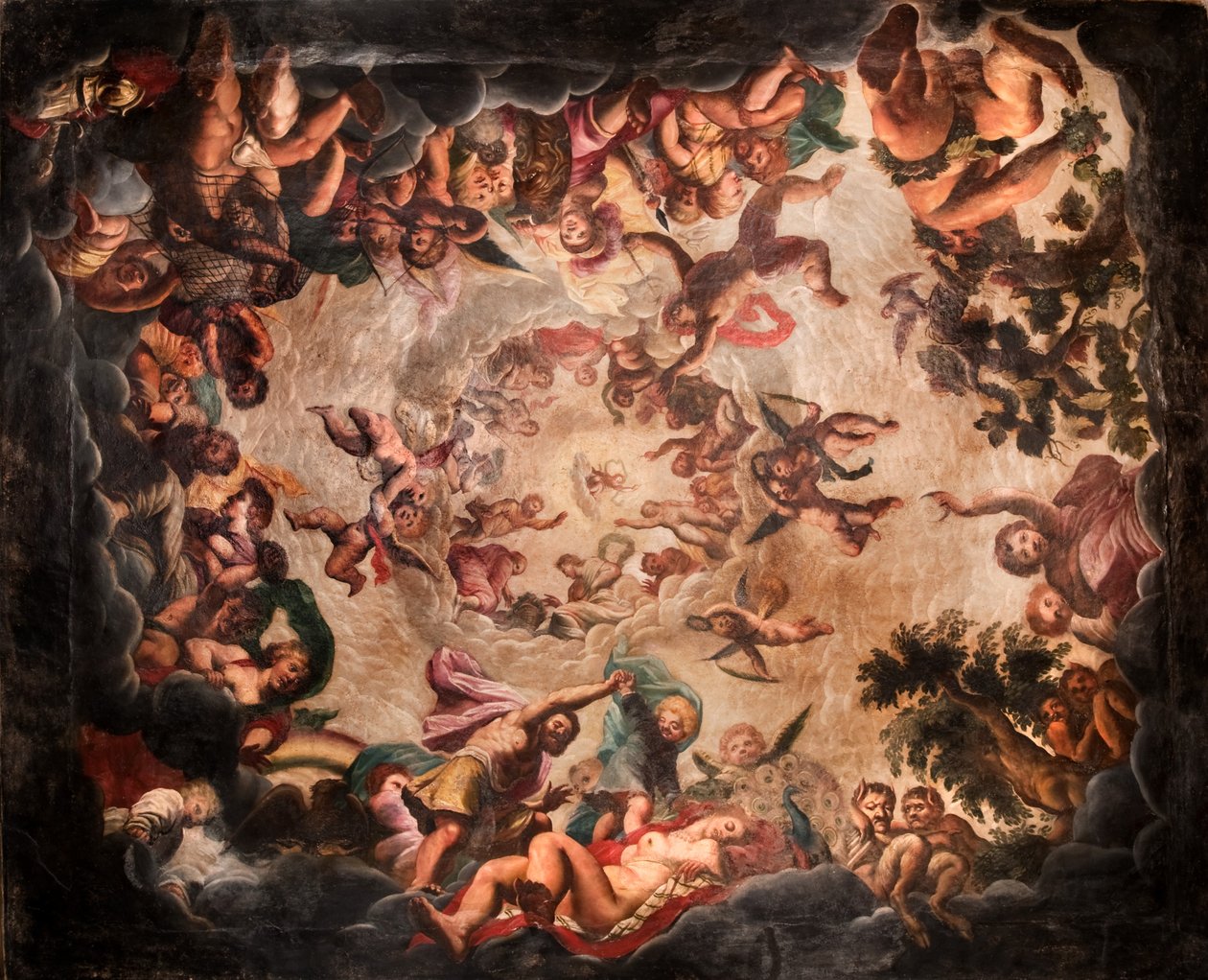 Udsigt til loftet i Elysium Room, Bolsover Castle (pigment på gips) af English School