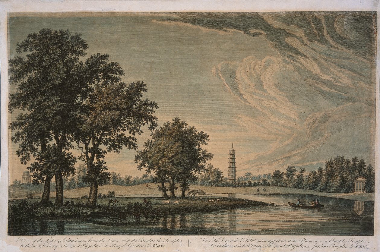 Udsigt over søen og øen ved Royal Botanic Gardens Kew (håndfarvet gravering) af English School