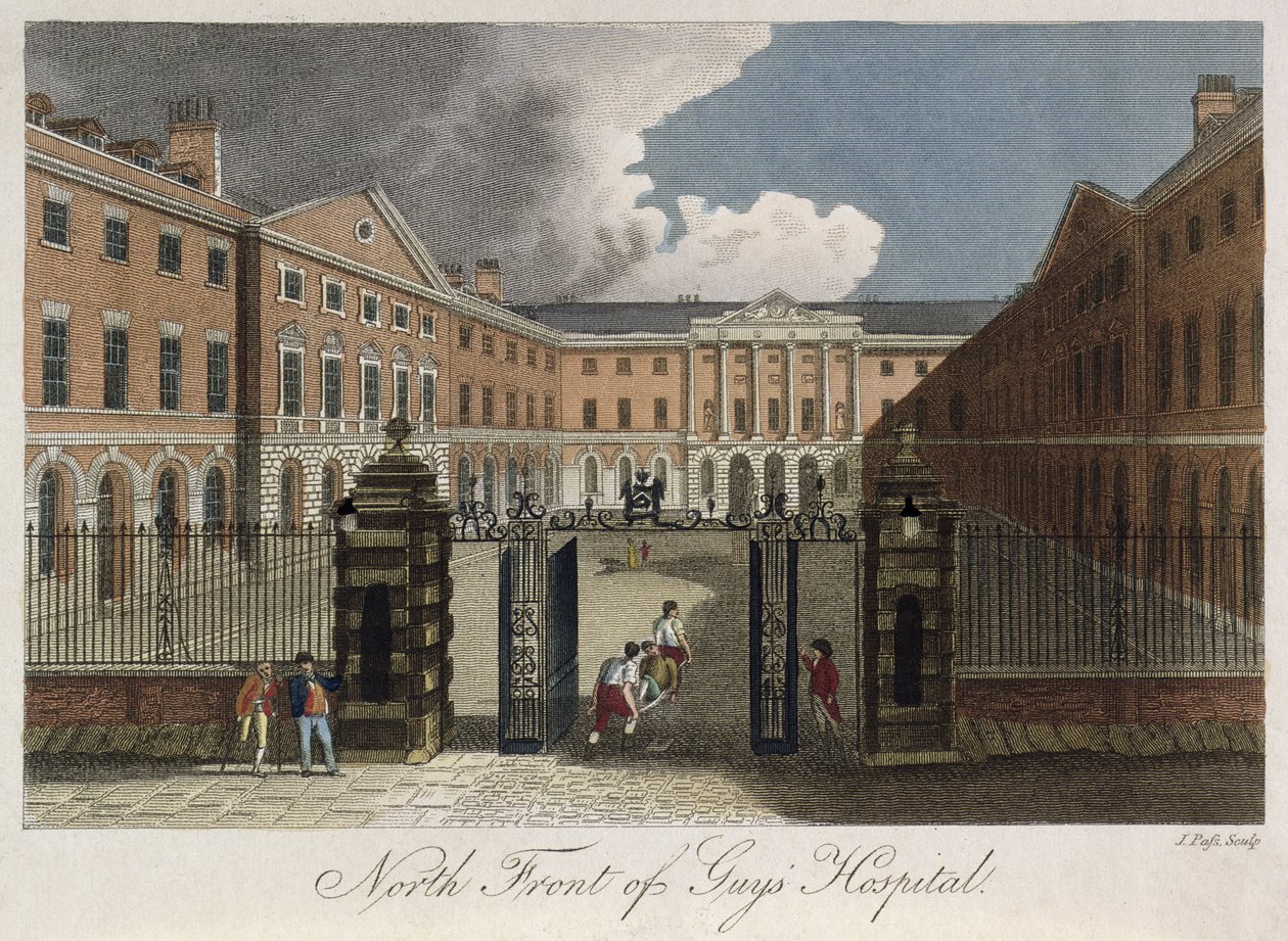 Udsigt over den nordlige front af Guys Hospital, Southwark, der viser en mand, der bliver båret gennem frontportene, ca. 1800 af English School