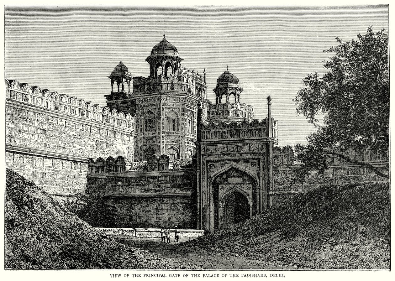 Udsigt til hovedporten i padishahernes palads, Delhi (kobberstik) af English School