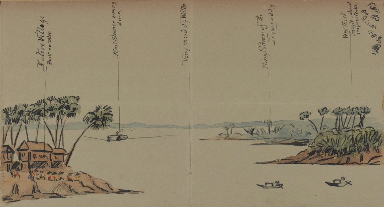 View on the River, 1886 (pen og blæk med wc på papir) af English School