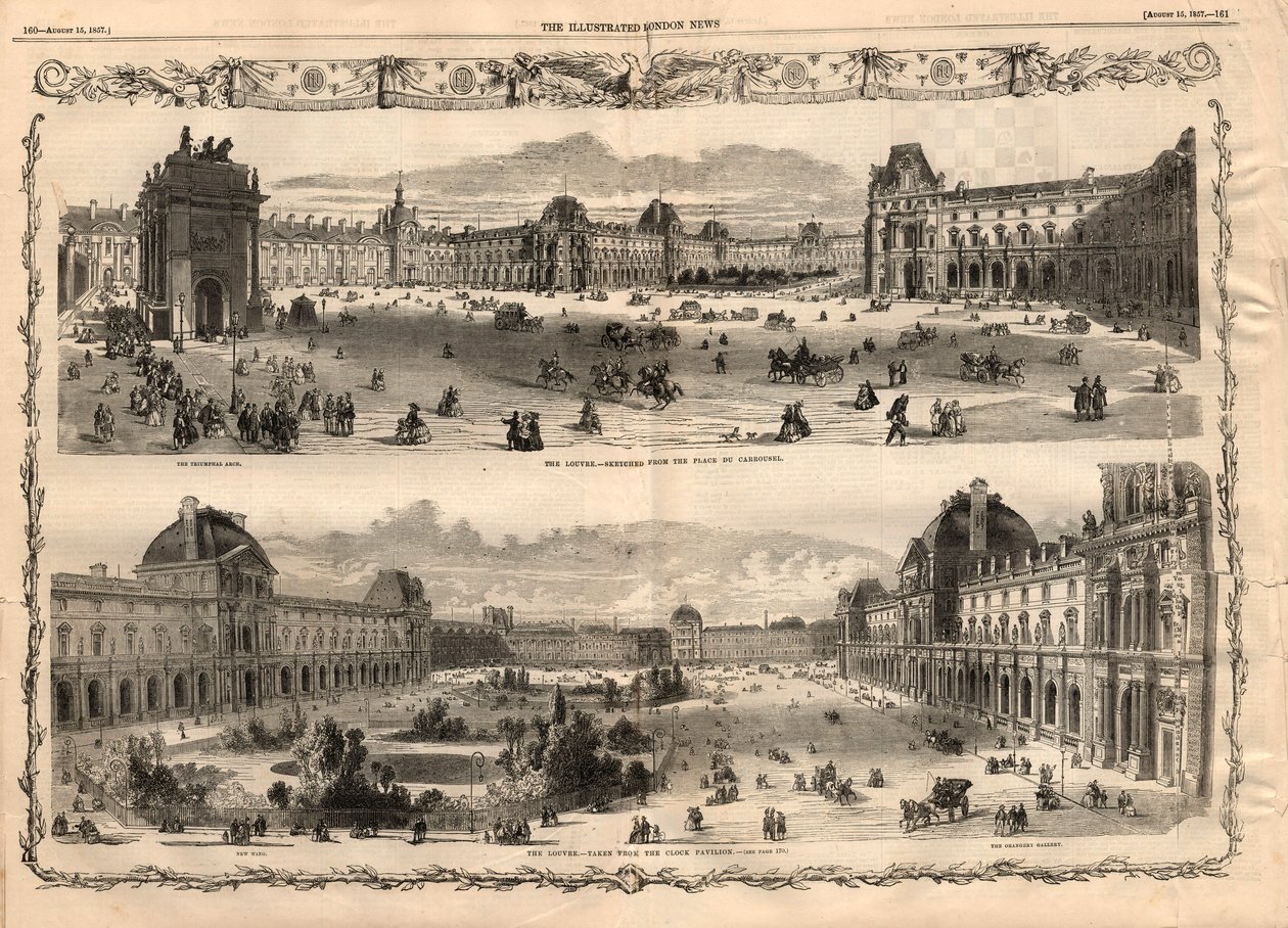 Udsigt over Cour Carree du Louvre i Paris. Indgravering i "The illustrated London News"" af 15. august 1857. af English School